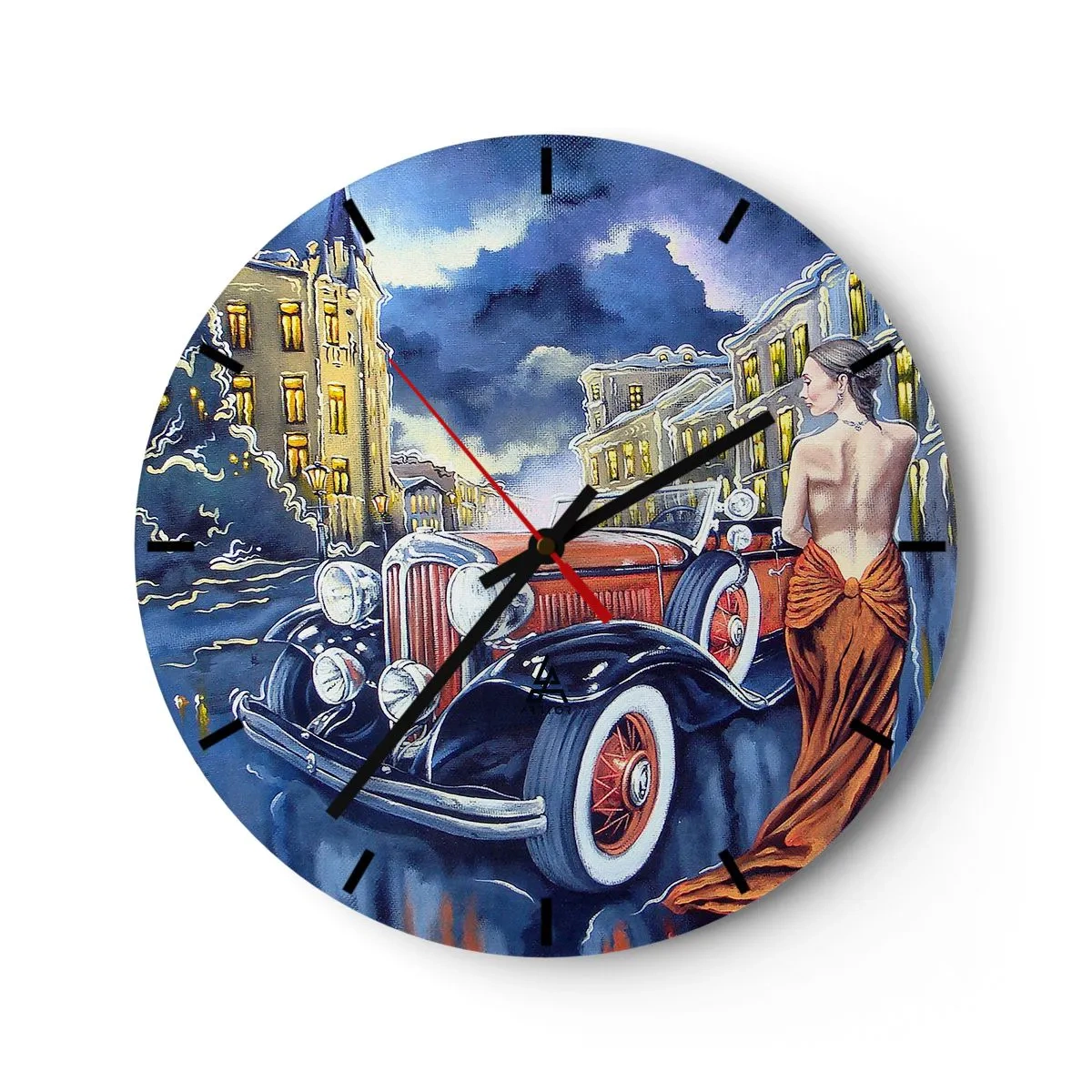 Wall clock - Clock on glass - A woman in an orange dress next to a retro car with a city in the background. - 30x30cm - Nocturne in Blue and Coral - Modern wall decoration for the living room, kitchen, and bedroom ARTTOR