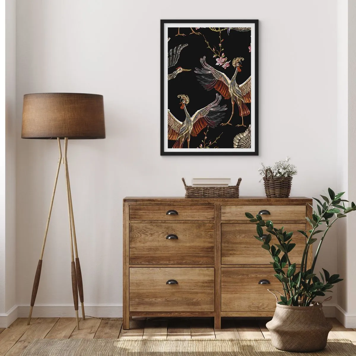 Poster in black frame - Elegant cranes among flowers on a black background, in an oriental style. - 50x70cm - Fairy Tale Bird - Modern wall decoration for the living room and bedroom ARTTOR