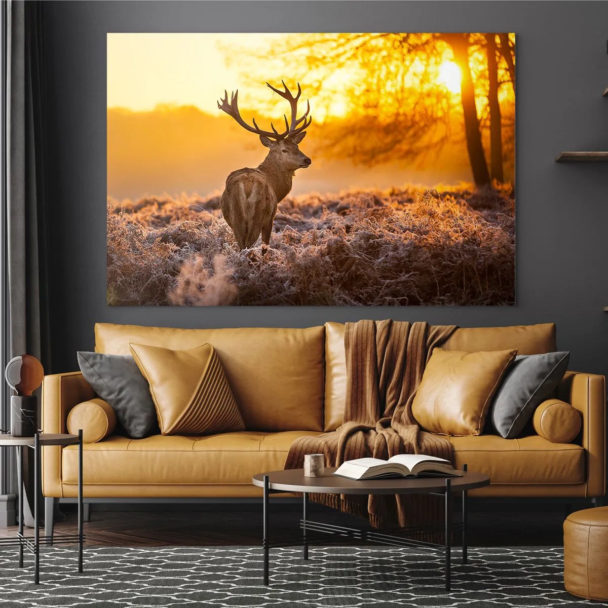 Glass picture - Deer in the rays of the rising sun - 70x50cm - King of Autumnal Forest - Modern wall decoration for the living room and bedroom ARTTOR