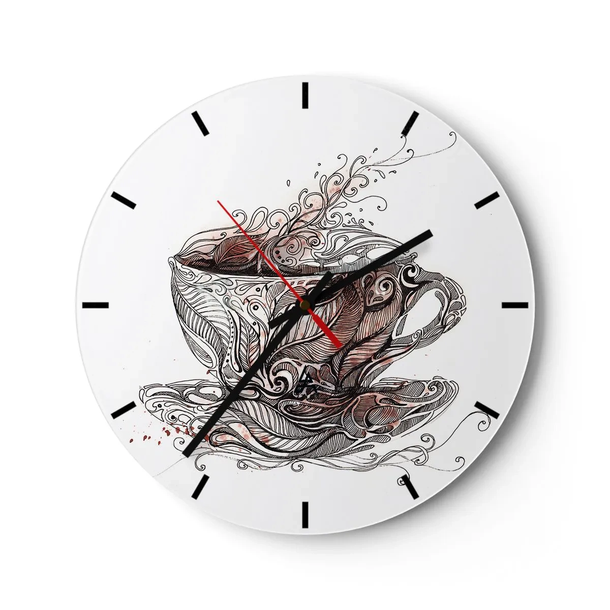 Wall clock - Clock on glass - A cup of coffee with an artistic pattern - 30x30cm - Tea Time - Modern wall decoration for the living room, kitchen, and bedroom ARTTOR