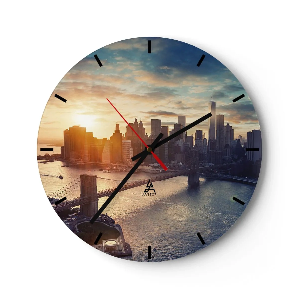 Wall clock - Clock on glass - Panorama of the city at sunset with a bridge and river in the background - 30x30cm - Monument to the Culture of the West - Modern wall decoration for the living room, kitchen, and bedroom ARTTOR