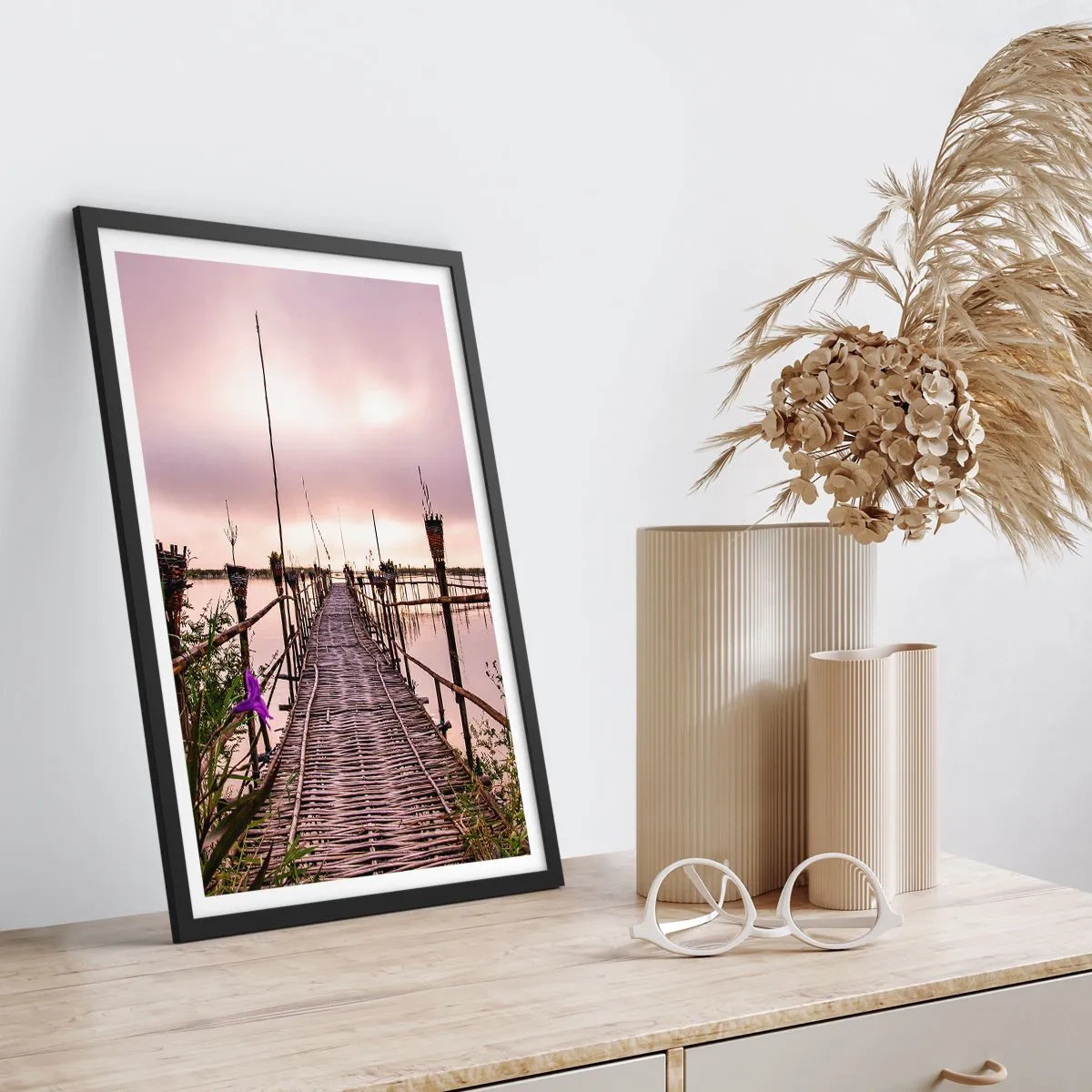 Poster in black frame - Bamboo bridge over calm water at dusk - 50x70cm - Peace and Quiet of Asia - Modern wall decoration for the living room and bedroom ARTTOR