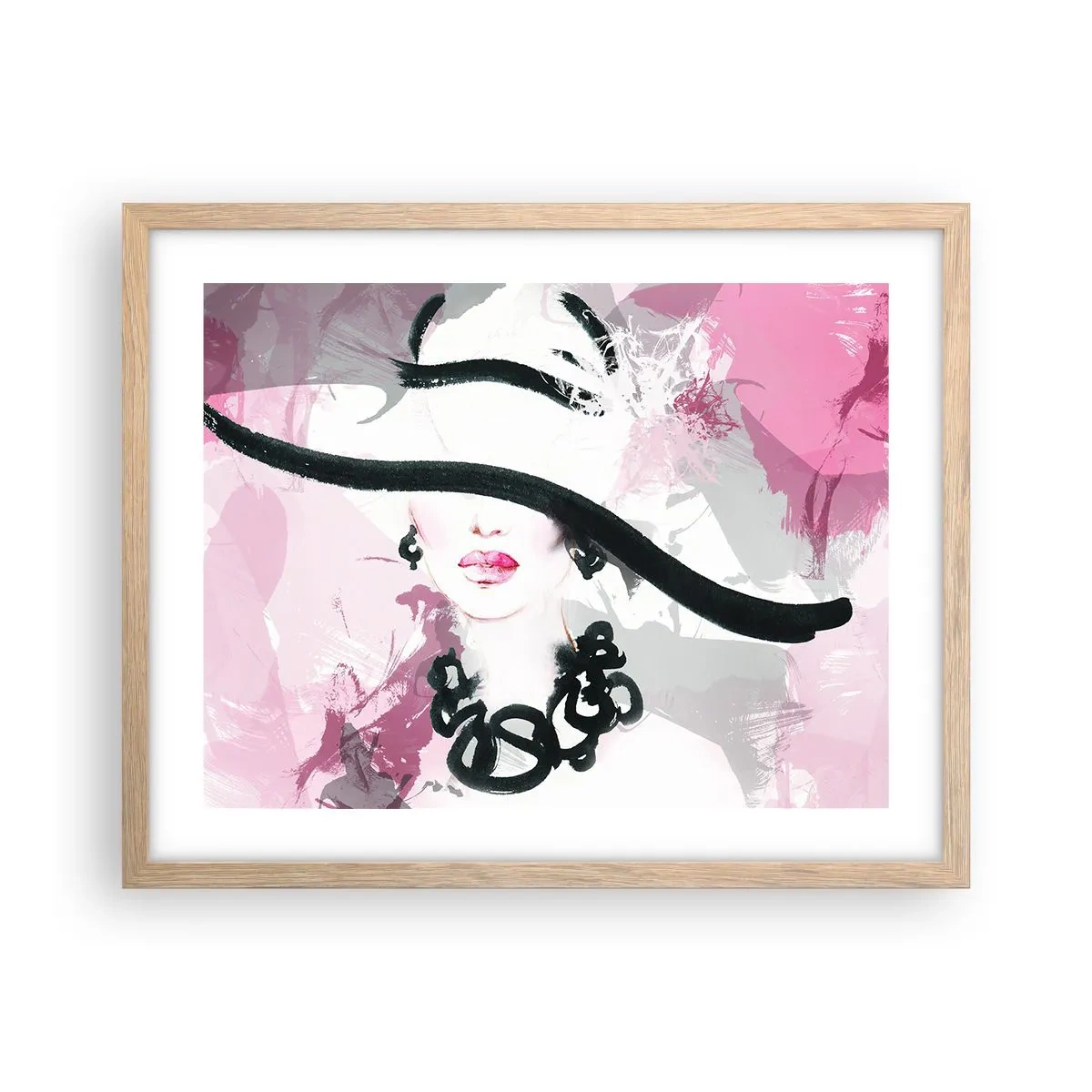 Poster in light oak frame - Portrait of a Lady in Black and Pink - 50x40 cm