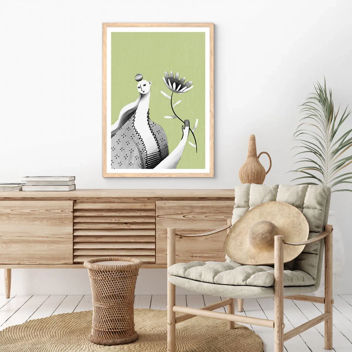 Poster in light oak frame - Modernist Portrait - Holding a FLower - 40x50 cm