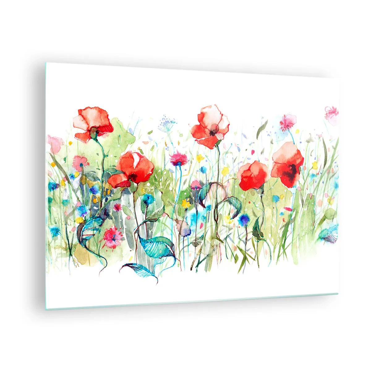 Glass picture - Colorful poppies and wildflowers in a watercolor style - 70x50cm - Meadow in May - Modern wall decoration for the living room and bedroom ARTTOR
