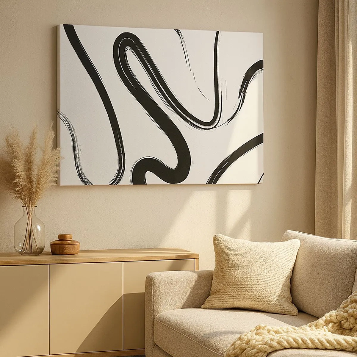Canvas picture - Black and white curved lines on a light background - 70x50cm - Black and White Fancy - Modern wall decoration for the living room and bedroom ARTTOR