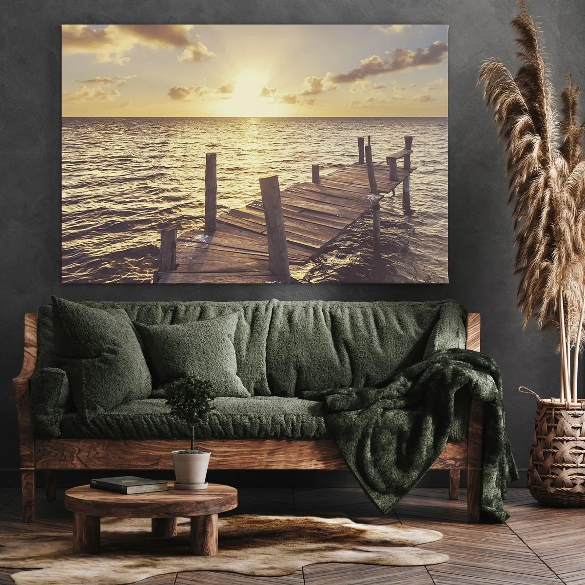 Canvas picture - A wooden jetty leading towards the sunset - 70x50cm - Golden Land of Tranquility - Modern wall decoration for the living room and bedroom ARTTOR