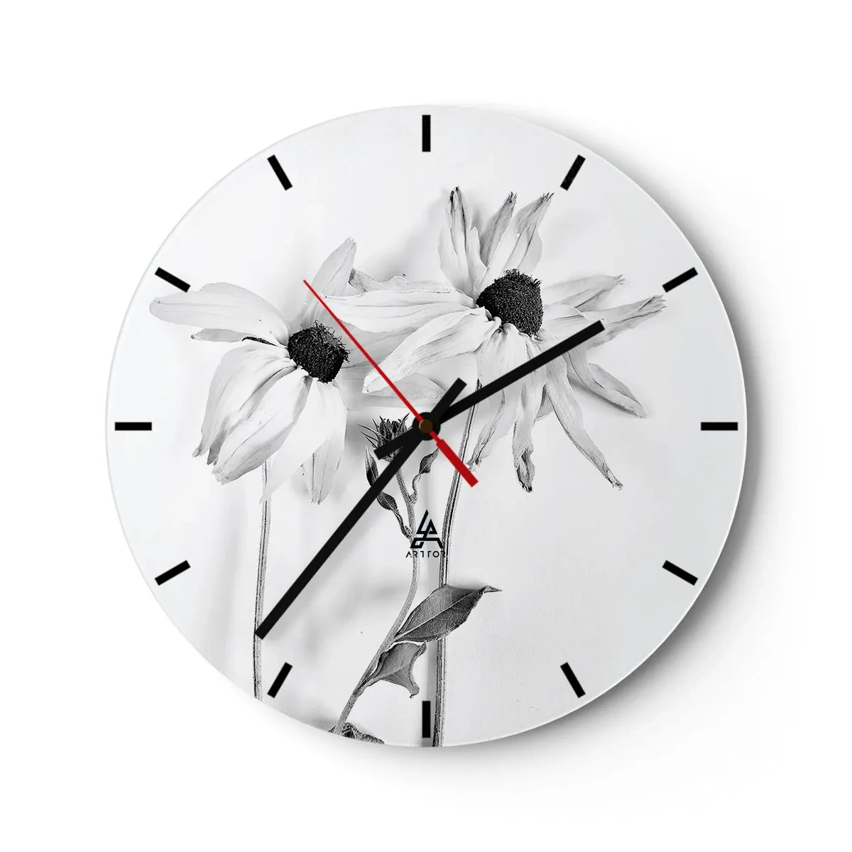 Wall clock - Clock on glass - Three black and white flowers with gently drooping petals - 30x30cm - No one Wants To Be Alone - Modern wall decoration for the living room, kitchen, and bedroom ARTTOR