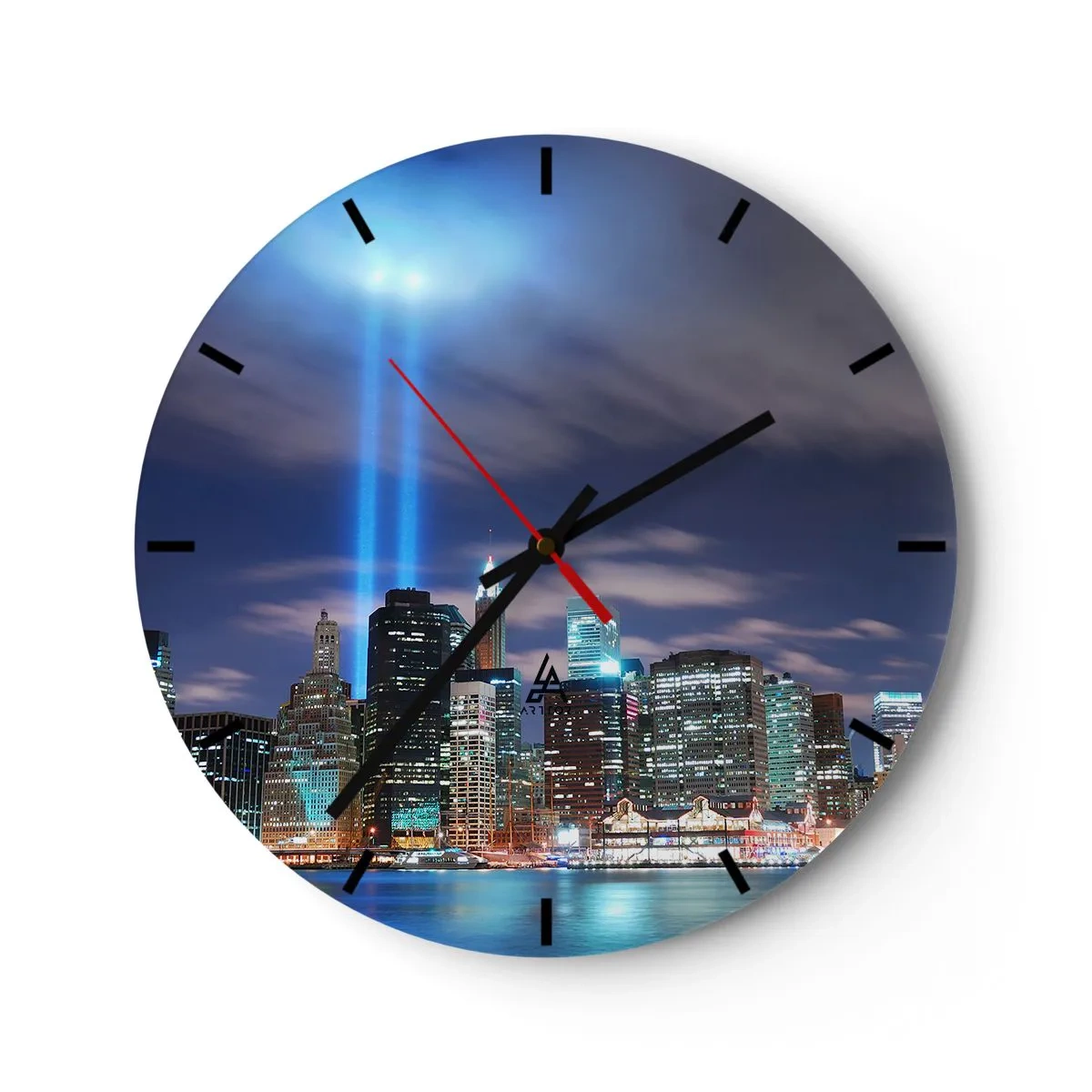Wall clock - Clock on glass - Evening panorama of the city with spotlights - 30x30cm - Reaching Sky with Light - Modern wall decoration for the living room, kitchen, and bedroom ARTTOR
