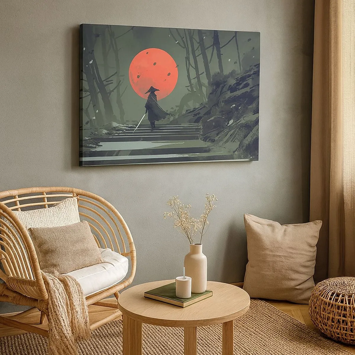 Canvas picture - A lone warrior with a sword against the backdrop of a red moon in a dark forest. - 70x50cm - Red Moon Warrior - Modern wall decoration for the living room and bedroom ARTTOR