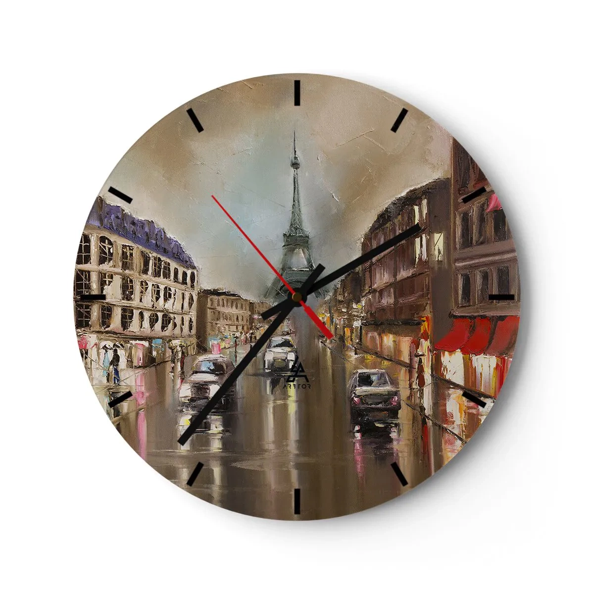 Wall clock - Clock on glass - The Eiffel Tower surrounded by a Parisian street in the rain - 30x30cm - Only She Counts - Modern wall decoration for the living room, kitchen, and bedroom ARTTOR