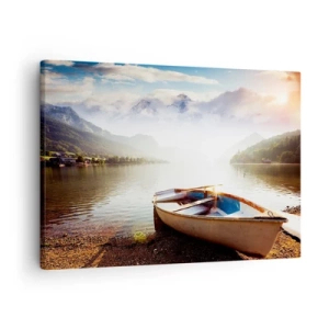 Canvas picture - A boat on the shore of a lake with a view of the mountains in the morning - 70x50cm - By the Great, Clear Waters - Modern wall decoration for the living room and bedroom ARTTOR