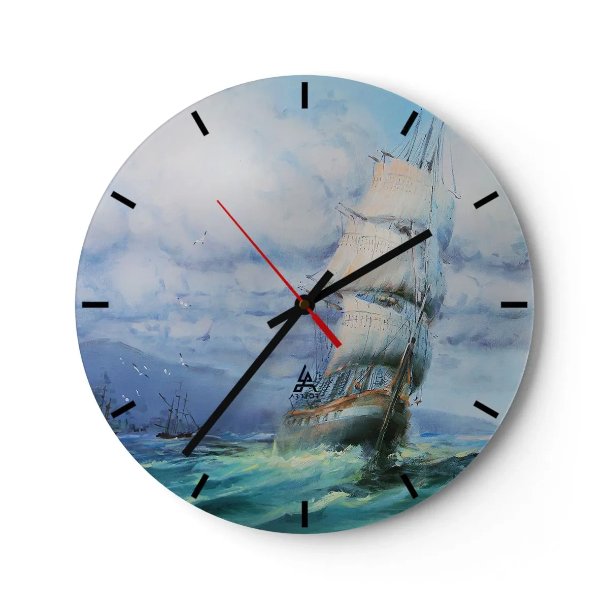 Wall clock - Clock on glass - A sailing ship in rough seas under a cloudy sky - 30x30cm - Happy Winds - Modern wall decoration for the living room, kitchen, and bedroom ARTTOR