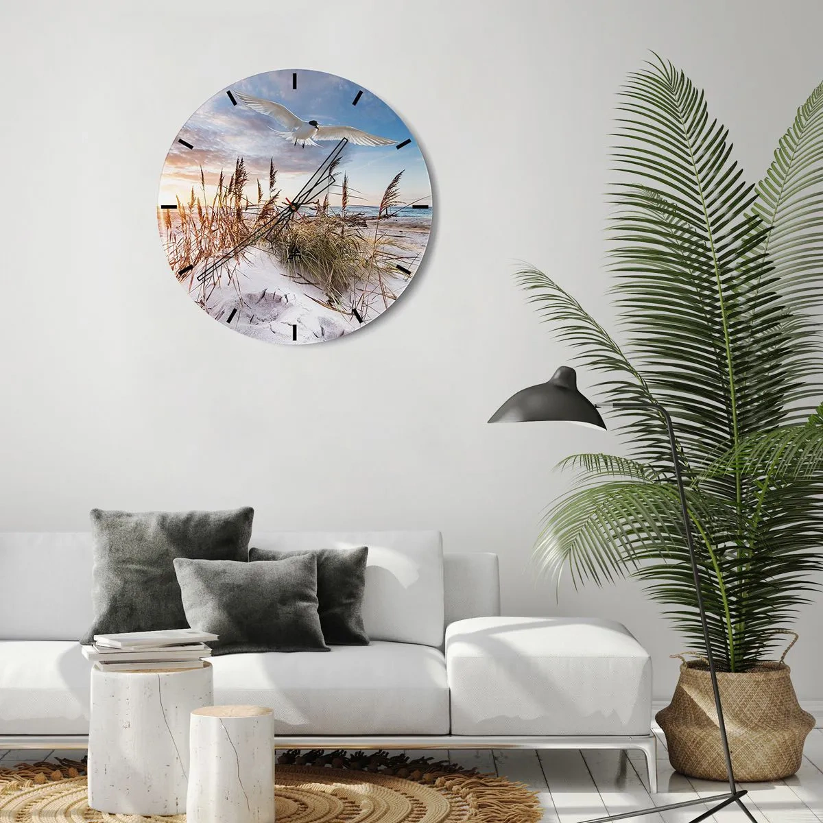Wall clock - Clock on glass - Beach at sunset with a bird flying over the dunes - 30x30cm - Wind from the Sea - Modern wall decoration for the living room, kitchen, and bedroom ARTTOR