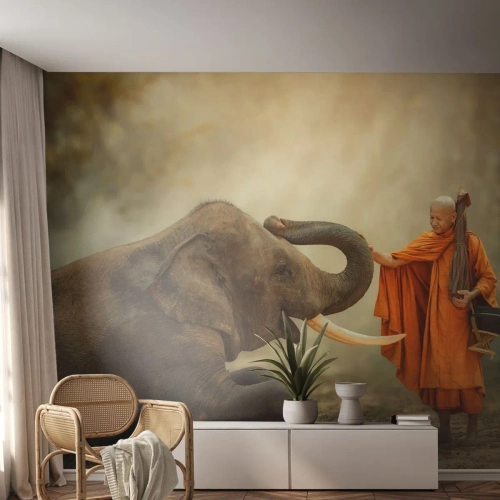 Self-Adhesive Photo Wallpaper Deluxe Sticker - Unexpected Meeting - Asia, Elephant, Monk - 350x256 cm