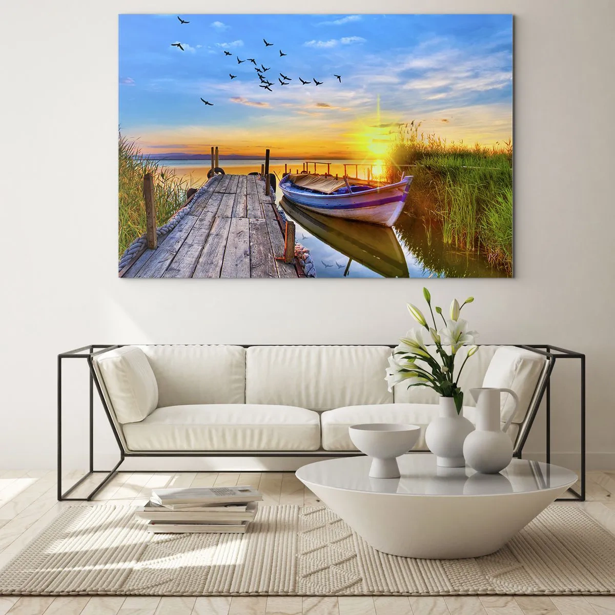 Glass picture - Wooden pier over a lake with a boat at sunrise - 70x50cm - Goodbye, See You tomorrow - Modern wall decoration for the living room and bedroom ARTTOR