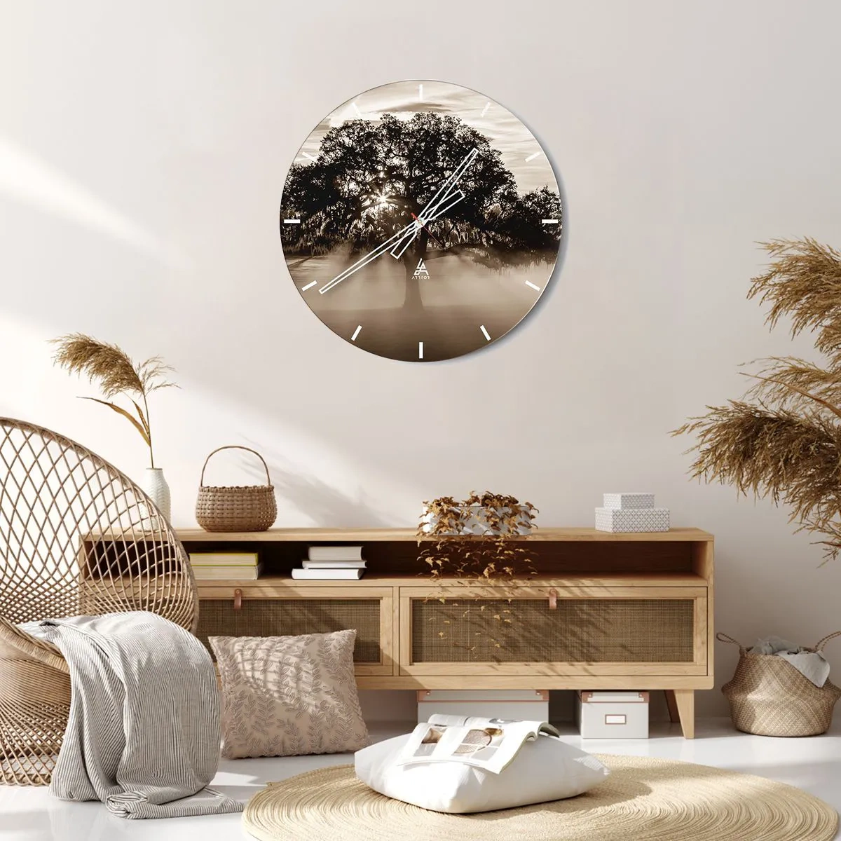 Wall clock - Clock on glass - Tree in a foggy scene at dawn in sepia - 30x30cm - Tree of Good Knowledge - Modern wall decoration for the living room, kitchen, and bedroom ARTTOR