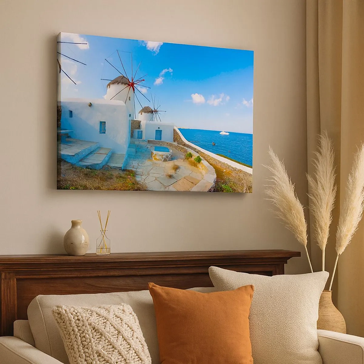 Canvas picture - White windmills on the shores of the blue sea - 70x50cm - Blue Wind from the Sea - Modern wall decoration for the living room and bedroom ARTTOR