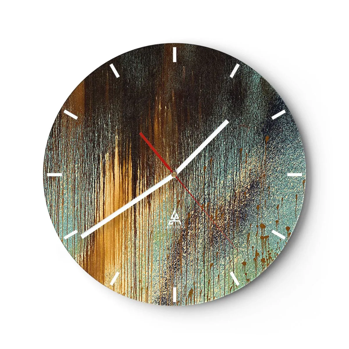 Wall clock - Clock on glass - Abstract paint streaks in gold, blue, and black - 30x30cm - Non-accidental Colourful Composition - Modern wall decoration for the living room, kitchen, and bedroom ARTTOR