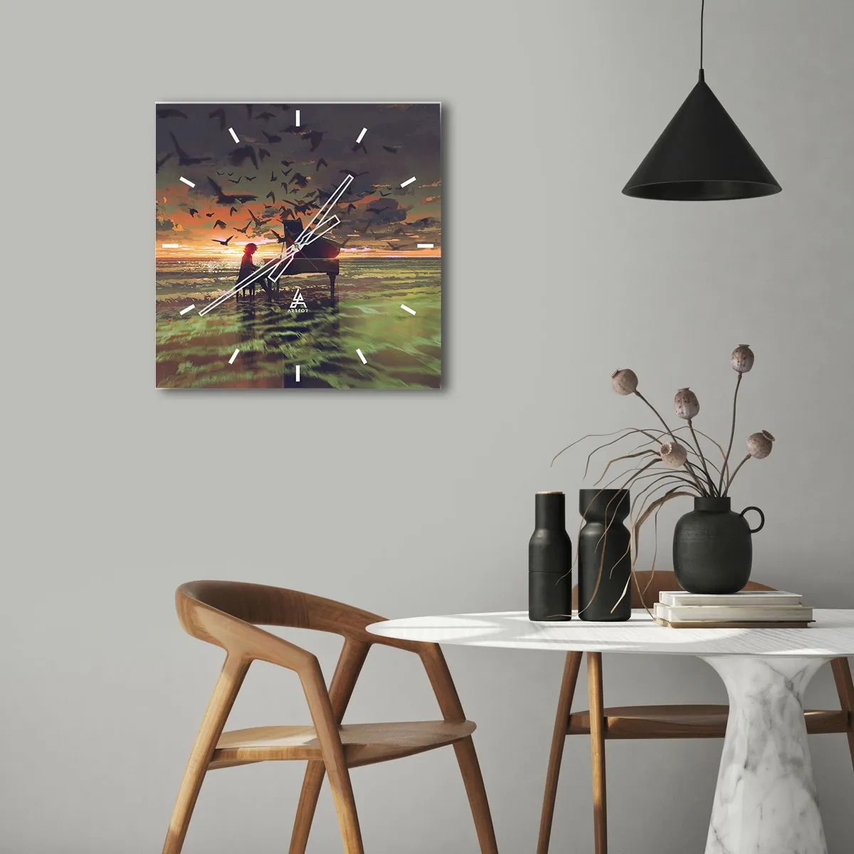 Wall clock - Clock on glass - Concert for Piano and Waves - 30x30 cm
