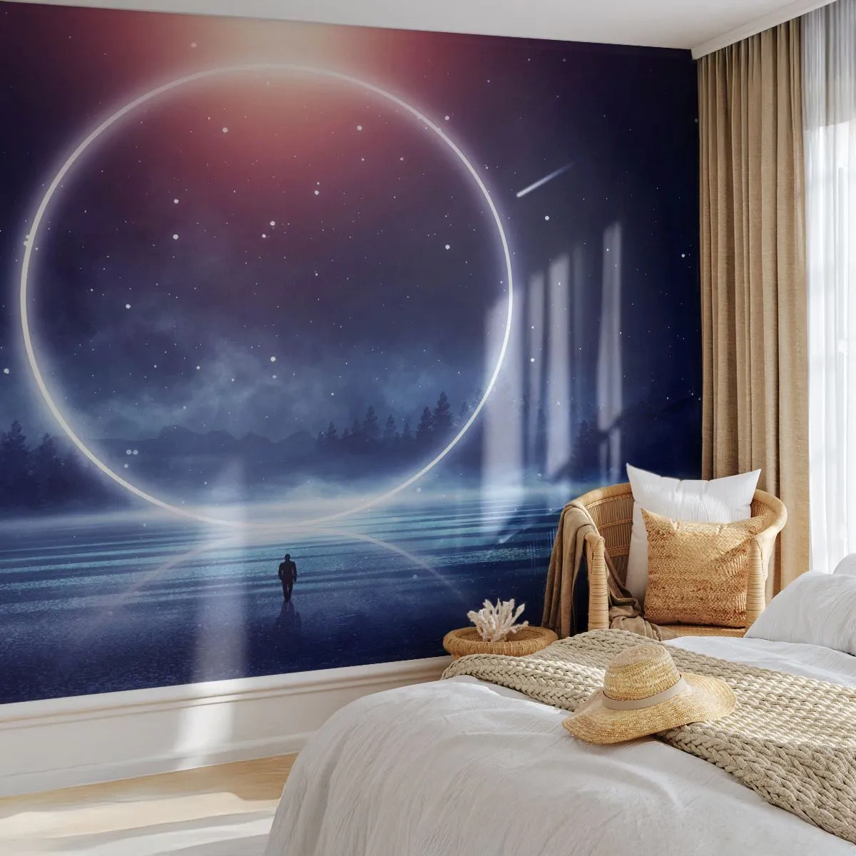 Photo Wallpaper Standard Eco - A mysterious silhouette in front of a luminous circle against the backdrop of space - 100x70cm - They are Already Here… - Modern wall decoration for the living room and bedroom ARTTOR