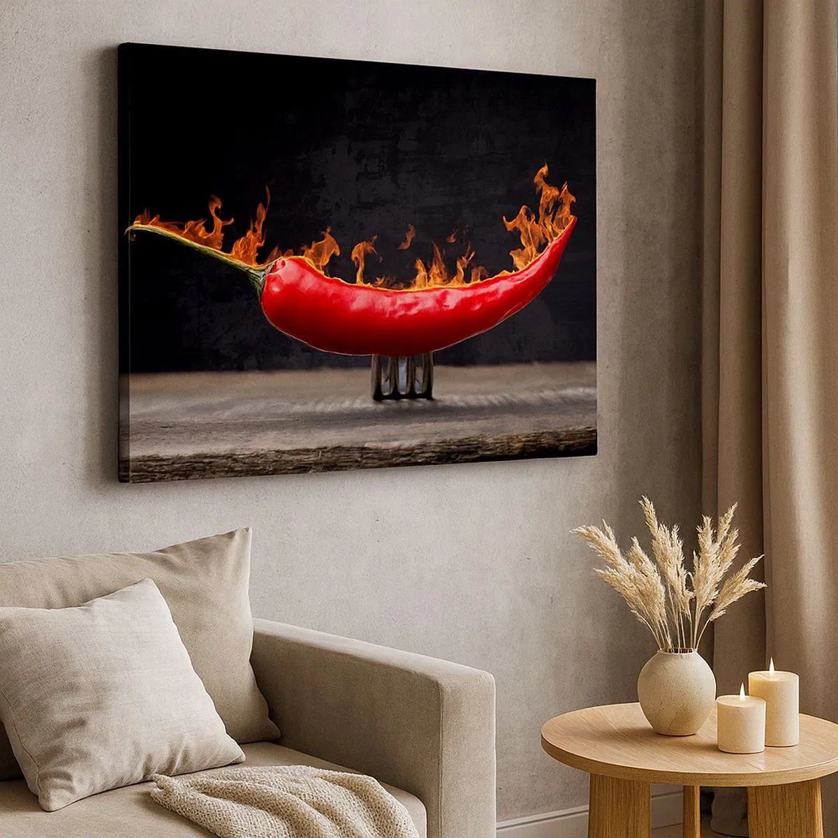 Canvas picture - Flaming red pepper on a fork - 70x50cm - Fiery Snack - Modern wall decoration for the living room and bedroom ARTTOR