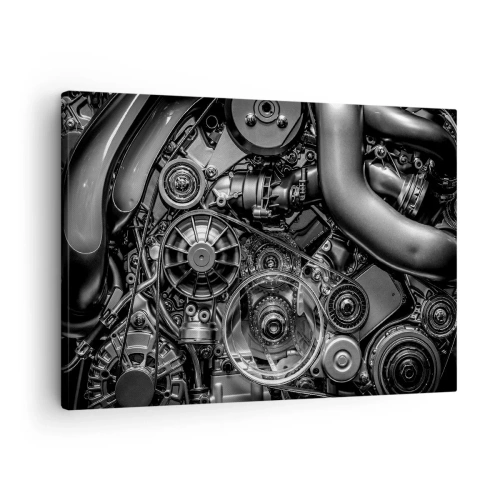 Canvas picture - Black and white close-up of the mechanical details of a car engine. - 70x50cm - Poetry of Mechanics - Modern wall decoration for the living room and bedroom ARTTOR