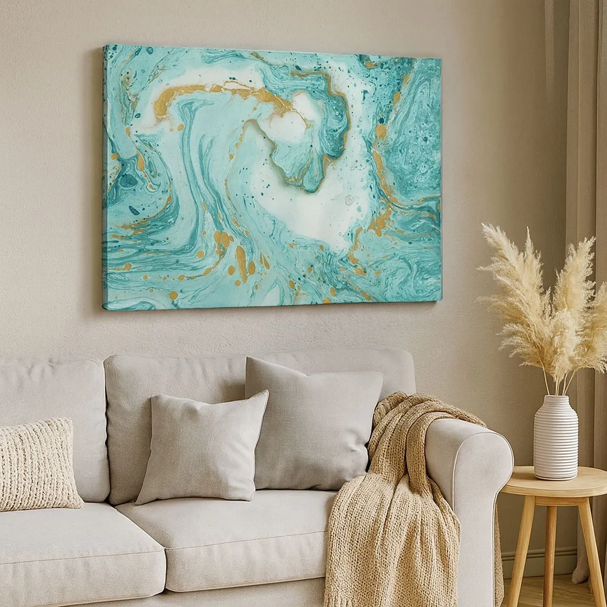 Canvas picture - Turquoise marble with gold accents in an abstract composition - 70x50cm - Under the Great Wave of the Edo Period - Modern wall decoration for the living room and bedroom ARTTOR