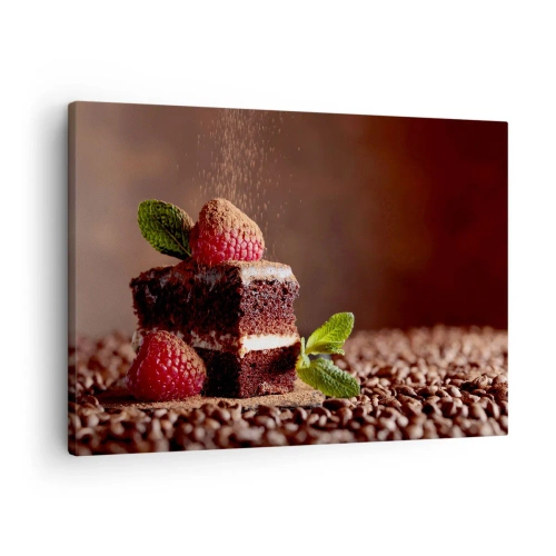 Canvas picture - Chocolate cake with raspberries and mint on a background of cocoa beans - 70x50cm - Life Is Sweet - Modern wall decoration for the living room and bedroom ARTTOR