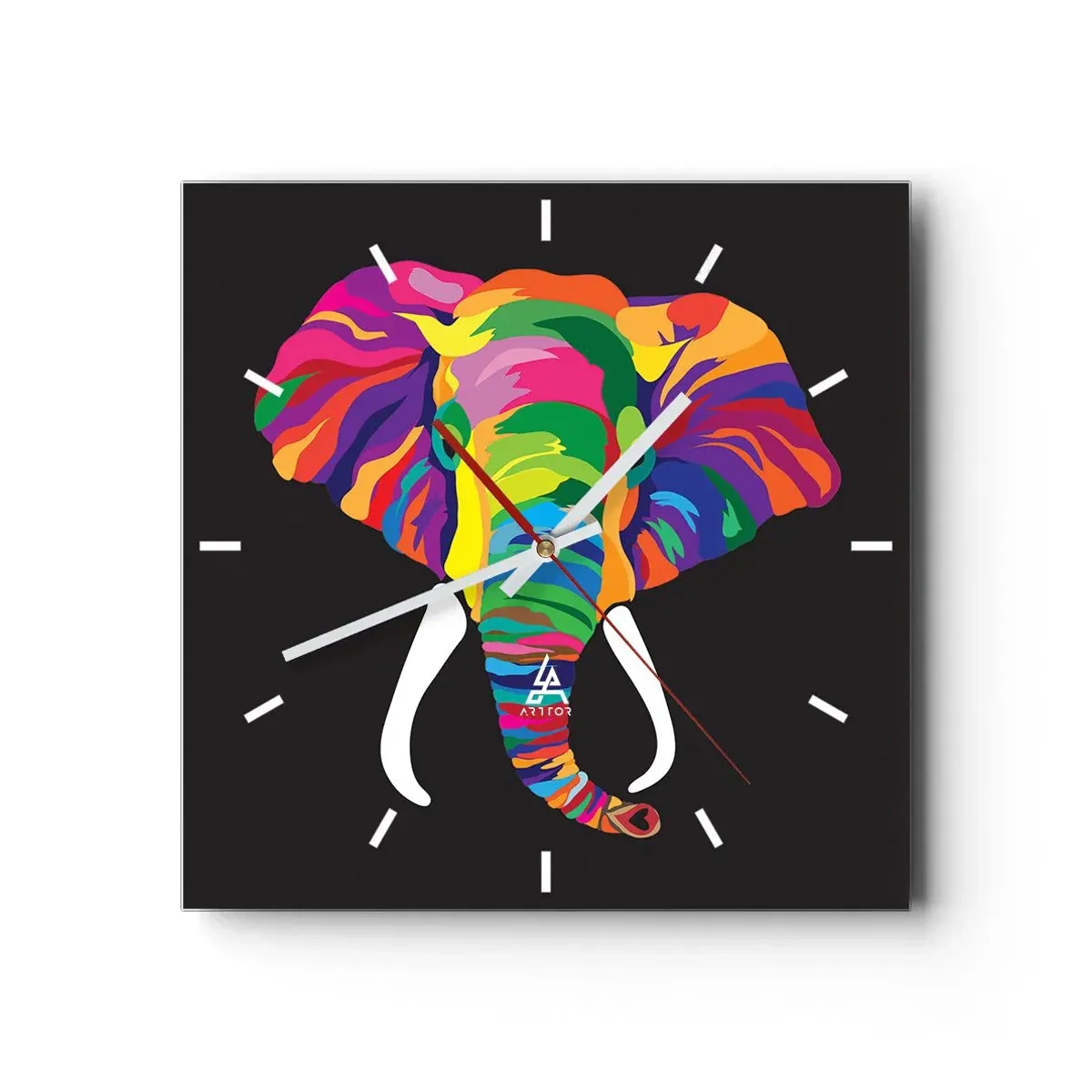Wall clock - Clock on glass - Elephant That Enjoyed Rainbow Bath - 30x30 cm