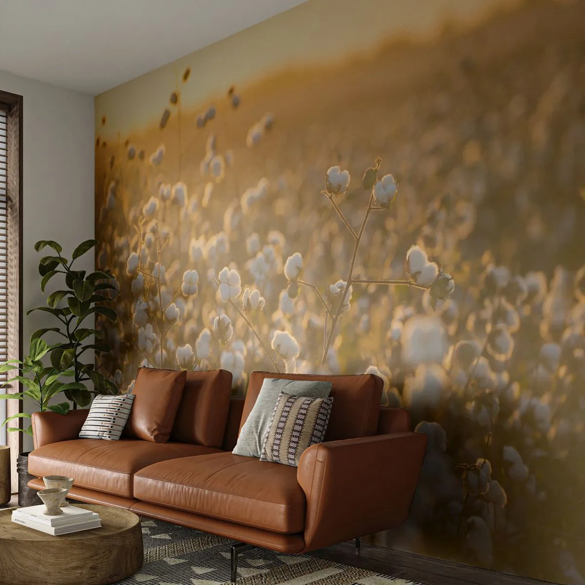 Photo Wallpaper Standard Eco - A cotton field bathed in the warm light of sunset - 100x70cm - Fluffy Field - Modern wall decoration for the living room and bedroom ARTTOR