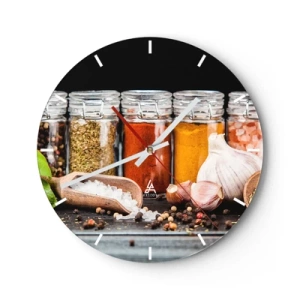 Wall clock - Clock on glass - Colorful spices in jars and kitchen accessories - 30x30cm - Spicing Up Life - Modern wall decoration for the living room, kitchen, and bedroom ARTTOR