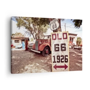 Canvas picture - Retro car and Route 66 sign in rustic setting - 70x50cm - Legend of an American Province - Modern wall decoration for the living room and bedroom ARTTOR