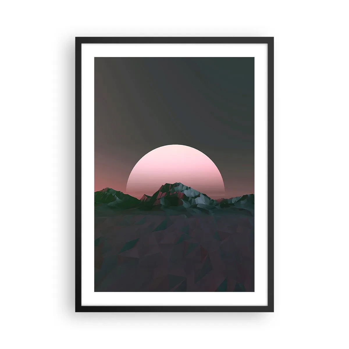 Poster in black frame - Fantasy landscape with a pink moon and mountains - 50x70cm - In a Neighbouring Galaxy - Modern wall decoration for the living room and bedroom ARTTOR