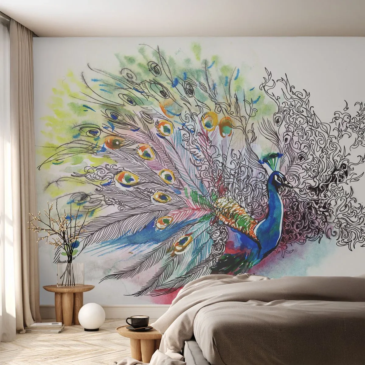 Photo Wallpaper Premium Canvas - With Pride against Greyness - Bird, Peacock, Feathers - 300x210 cm