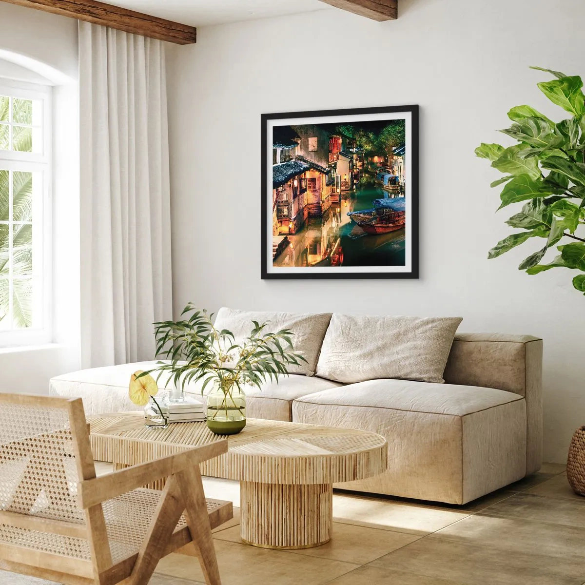 Poster in black frame - Evening on a Chinese Street - 40x40 cm