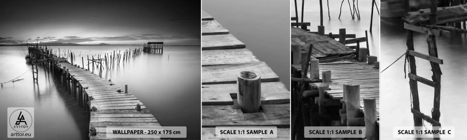Photo Wallpaper Sample Self-Adhesive Deluxe Sticker - Peace of a Forgotten Shore - Landscape, Lake, Wooden Bridge - 100x30 cm