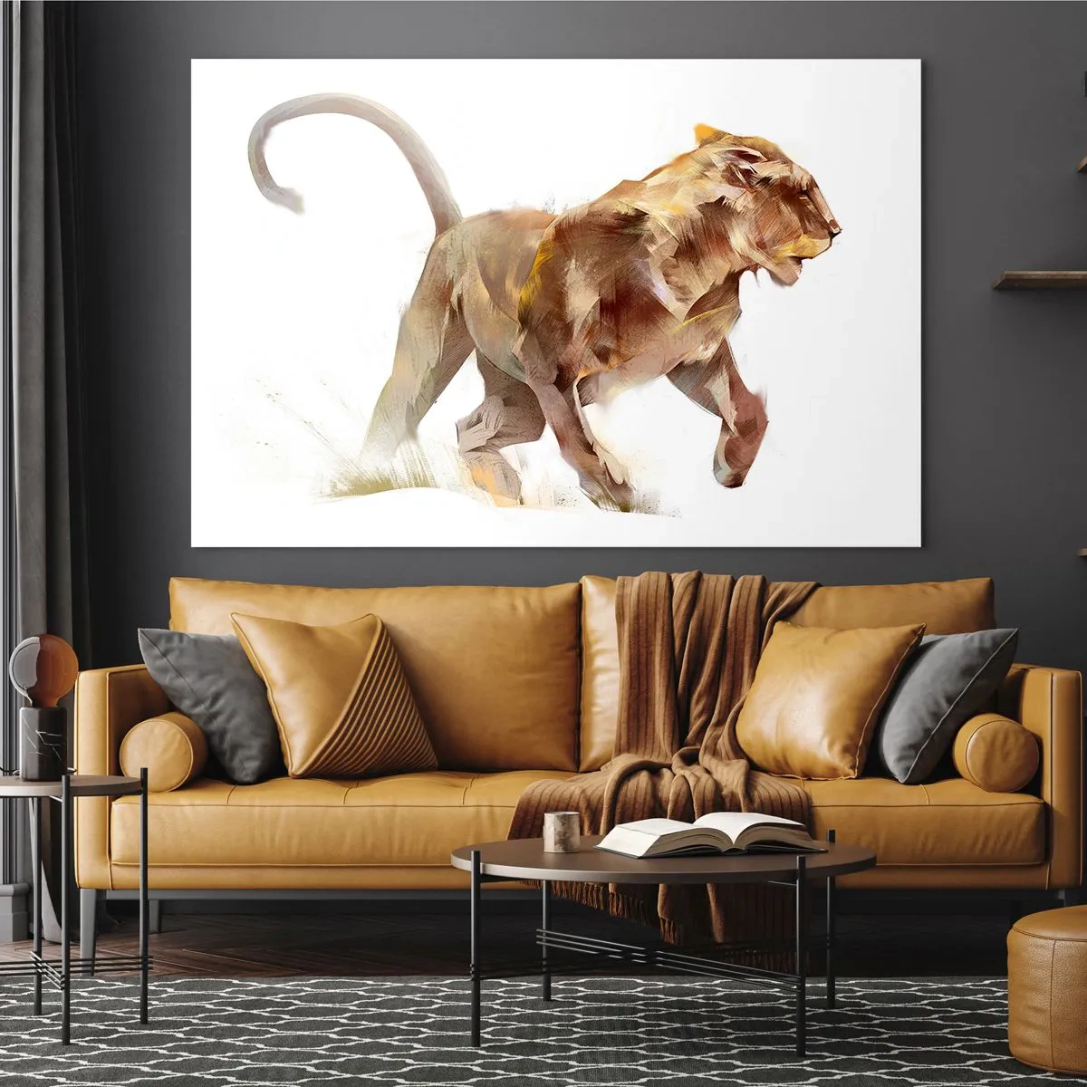 Glass picture - Dynamic silhouette of a lion in an artistic style on a white background - 70x50cm - Wild Grace - Modern wall decoration for the living room and bedroom ARTTOR