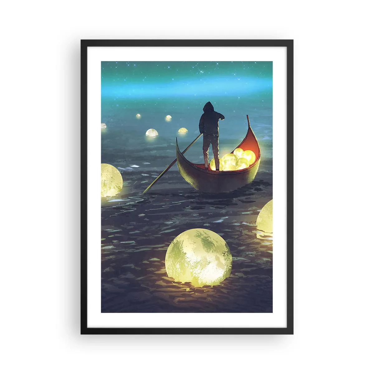 Poster in black frame - A figure on a boat surrounded by luminous balls on the water - 50x70cm - Things that Philosophers Did Not Dream About - Modern wall decoration for the living room and bedroom ARTTOR