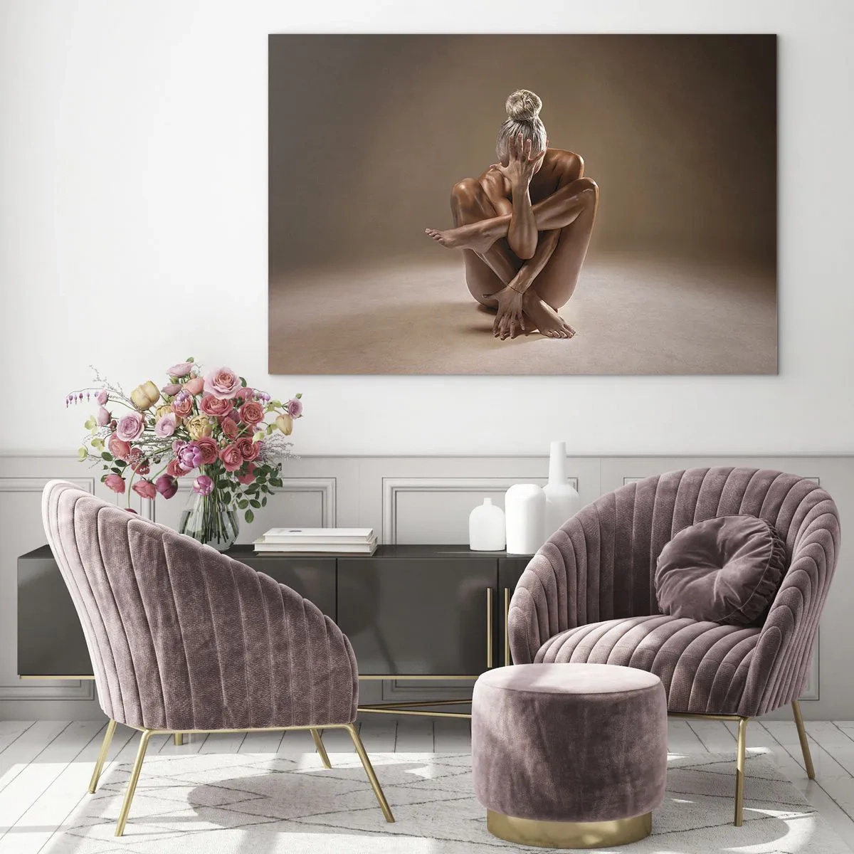 Glass picture - A sensual woman in an artistic pose against a shadow background. - 70x50cm - Unity of Body and Spirit - Modern wall decoration for the living room and bedroom ARTTOR