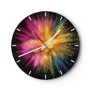 Wall clock - Clock on glass - A wall clock in the form of a round clock on glass with the effect of an explosion of colored dust in shades of pink, yellow, and blue on a black background. - 30x30cm - Birth of Colours