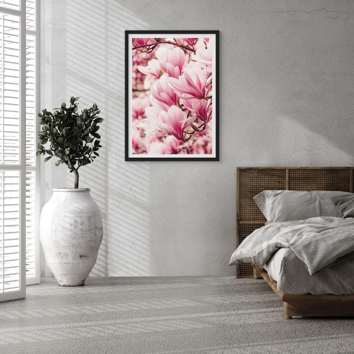 Poster in black frame - Romantic blooming magnolias in delicate pink - 50x70cm - Spring is Pink - Modern wall decoration for the living room and bedroom ARTTOR