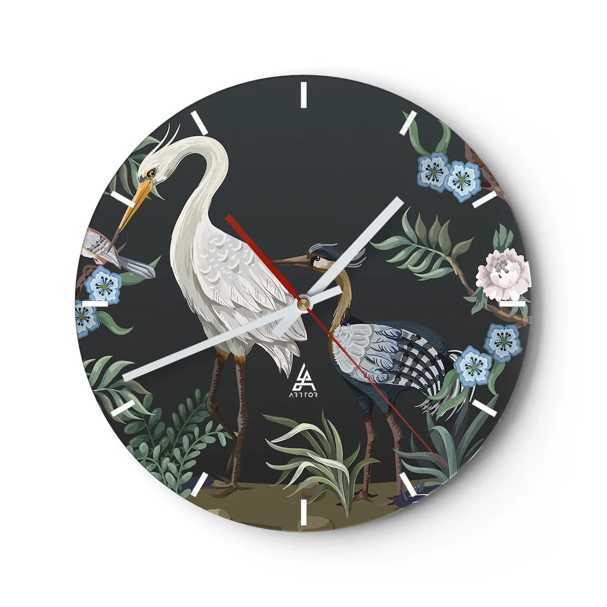 Wall clock - Clock on glass - Decorative birds among plants on a dark background - 30x30cm - Bird Truth - Modern wall decoration for the living room, kitchen, and bedroom ARTTOR