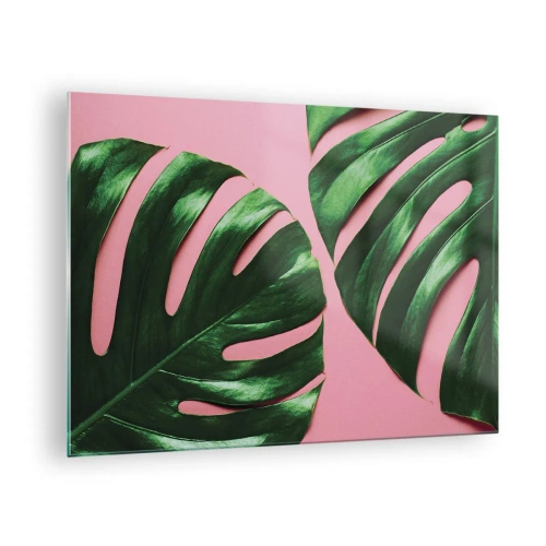 Glass picture - Green monstera leaves on a pink background - 70x50cm - Green Rendezvous - Modern wall decoration for the living room and bedroom ARTTOR