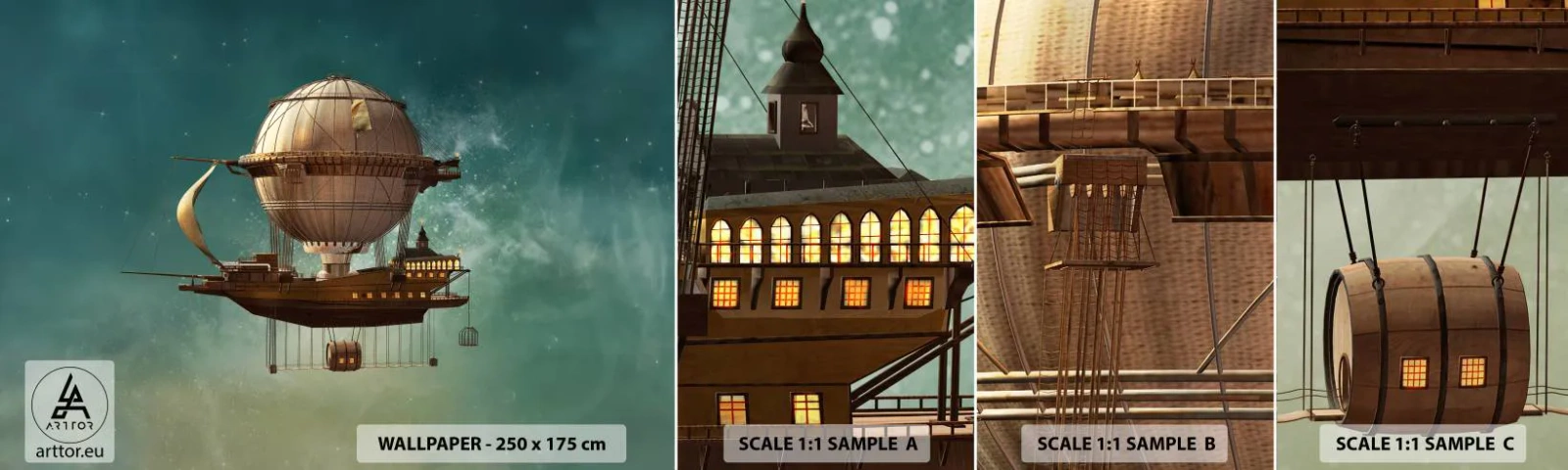 Photo Wallpaper Sample Self-Adhesive Deluxe Sticker - Greetings from Jules Verne - Retro, Trip, Balloon - 100x30 cm