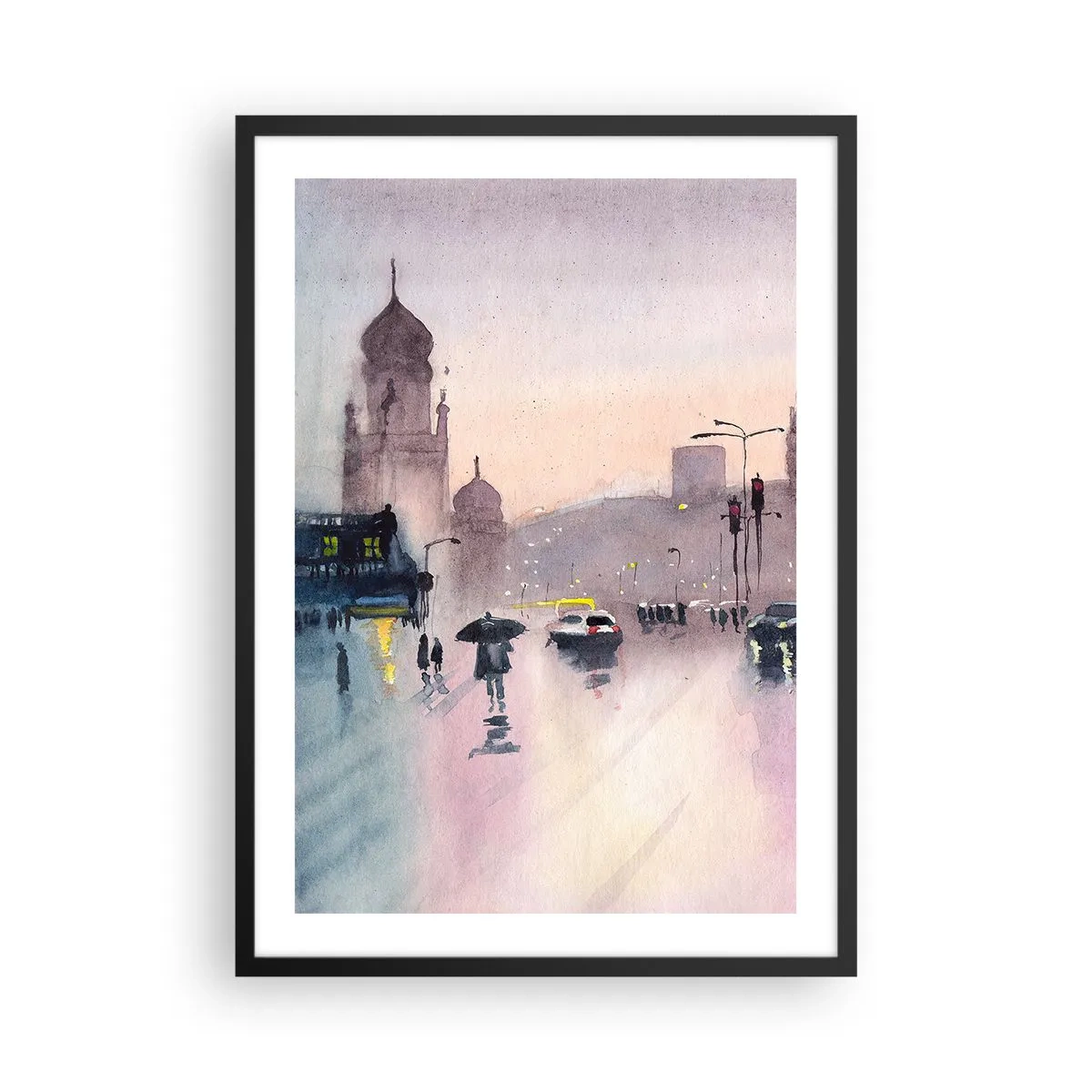 Poster in black frame - City scene with silhouettes of people and lights in the rain mist - 50x70cm - In a Rainy Fog - Modern wall decoration for the living room and bedroom ARTTOR