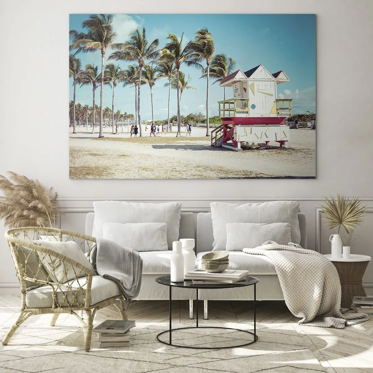 Glass picture - A beach with palm trees and a lifeguard tower on a sunny day - 70x50cm - Beautiful Day before You - Modern wall decoration for the living room and bedroom ARTTOR