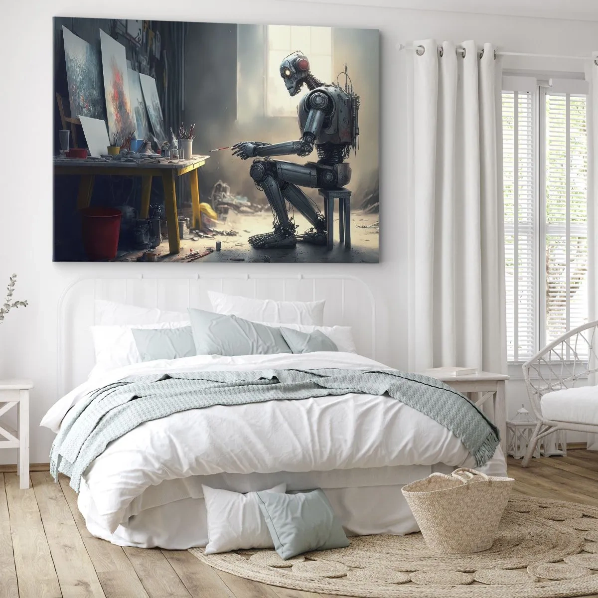 Canvas picture - A robot painting a picture in an art studio - 70x50cm - Act of Creation - Modern wall decoration for the living room and bedroom ARTTOR
