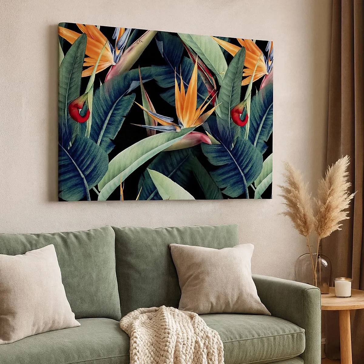 Canvas picture - Tropical flowers and leaves on a black background - 70x50cm - Flaming Flowers of the Tropics - Modern wall decoration for the living room and bedroom ARTTOR