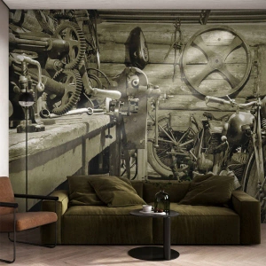 Photo Wallpaper Premium Sand - In Grandad's Shed - Motorbike, Car repair shop, Vintage - 450x315 cm
